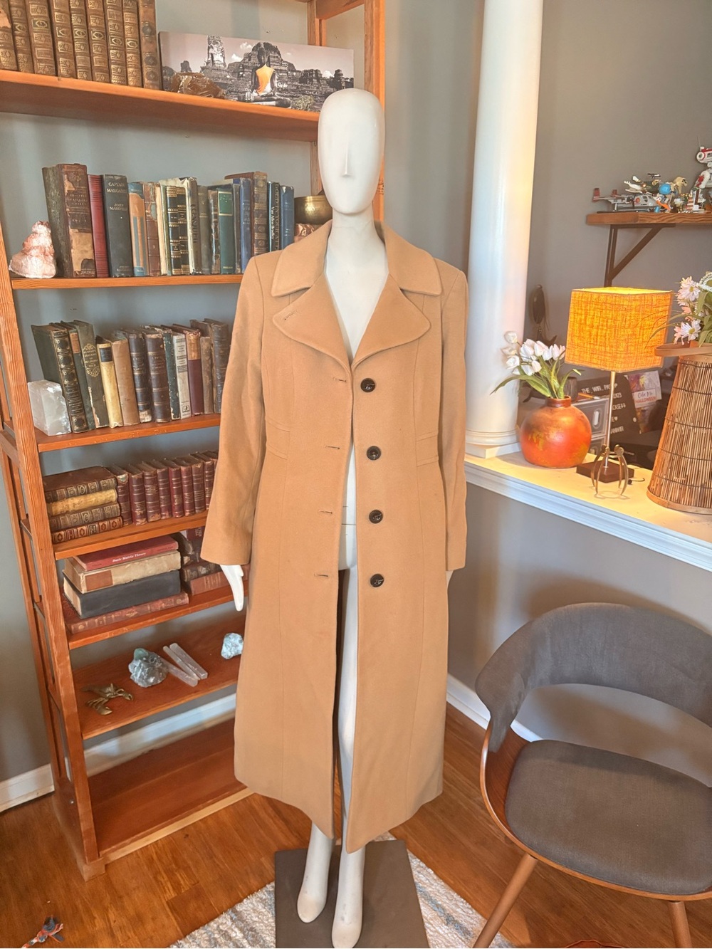 Anne Klein Camel Long Trench Coat Single-Breasted Wool Blend Maxi